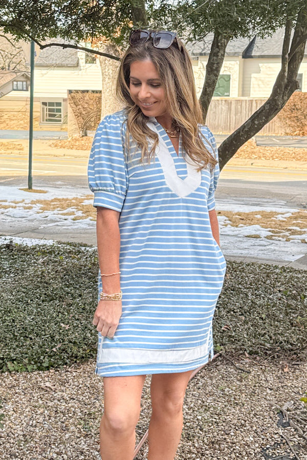 Entro Blue and White Puff Sleeve Dress | Simply Dixie Boutique