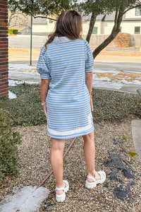 Entro Blue and White Puff Sleeve Dress Back