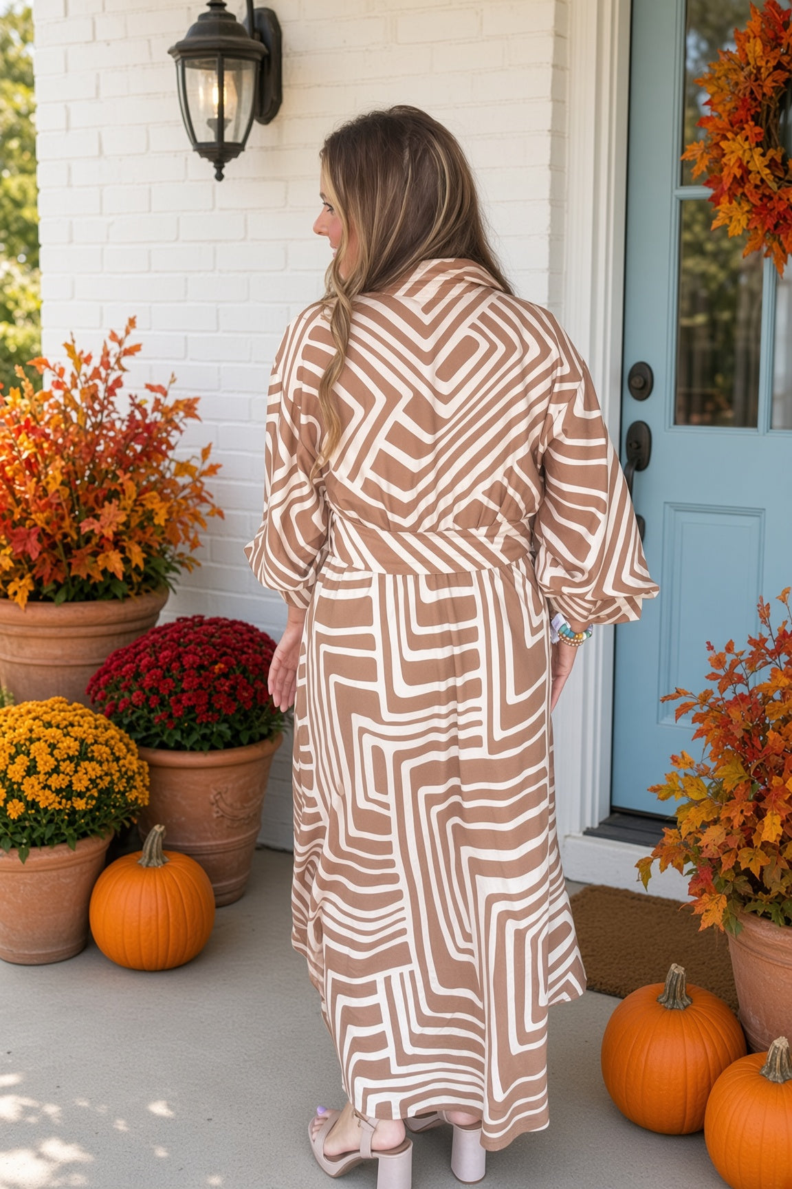Entro Belted Geometric Print Midi Dress back
