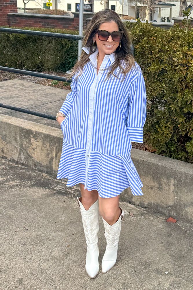 Entro Blue Striped Drop Waist Dress