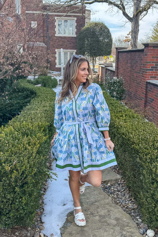 Entro Blue Floral Button Up Dress WIth belt | Simply Dixie