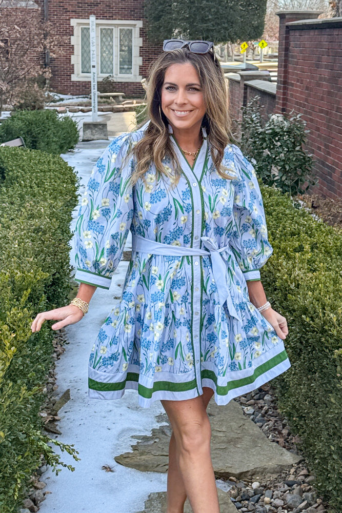 Entro Blue Floral Button Up Dress WIth belt