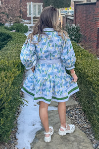 Entro Blue Floral Button Up Dress WIth belt Back