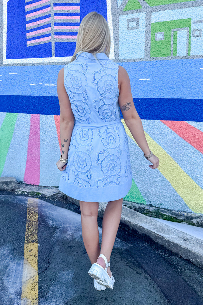 Uptown Blooms Sleeveless Belted Dress-Light Blue - Simply Dixie Boutique