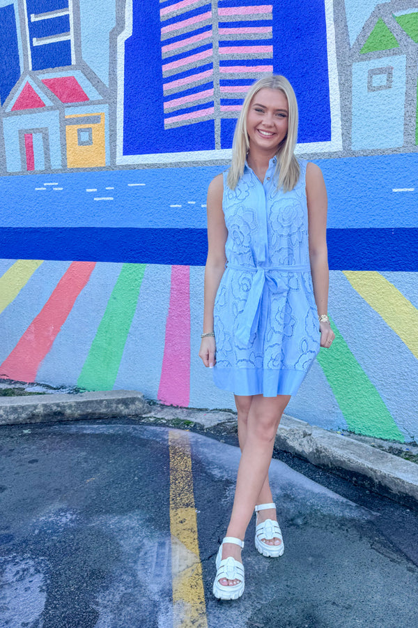 Entro Light Blue Laser Cut Floral Dress | Simply Dixie Boutique