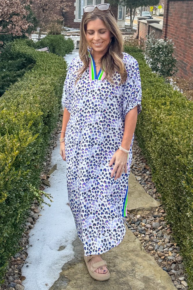 Entro Blue Animal Print Dolman Sleeve Dress With Colorful Trim