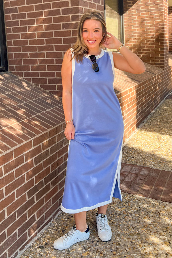 Entro Blue Scuba Midi Dress With White Trim