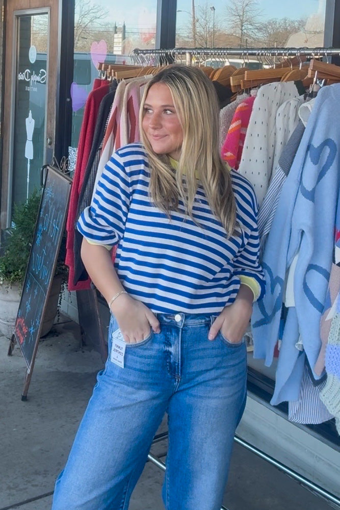 Entro Blue and White Striped Top with Yellow Trim | Simply Dixie