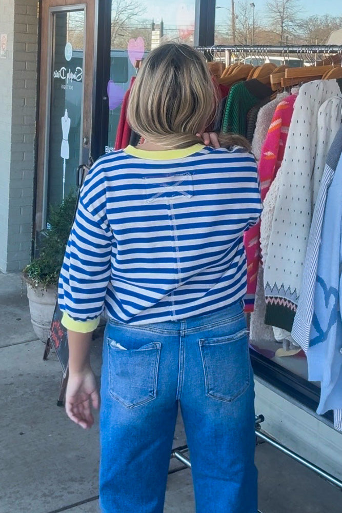 Entro Blue and White Striped Top with Yellow Trim Back