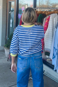 Entro Blue and White Striped Top with Yellow Trim Back