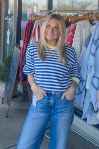 Entro Blue and White Striped Top with Yellow Trim