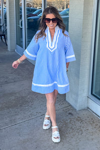 Entro Light Blue Striped Dress with White Collar
