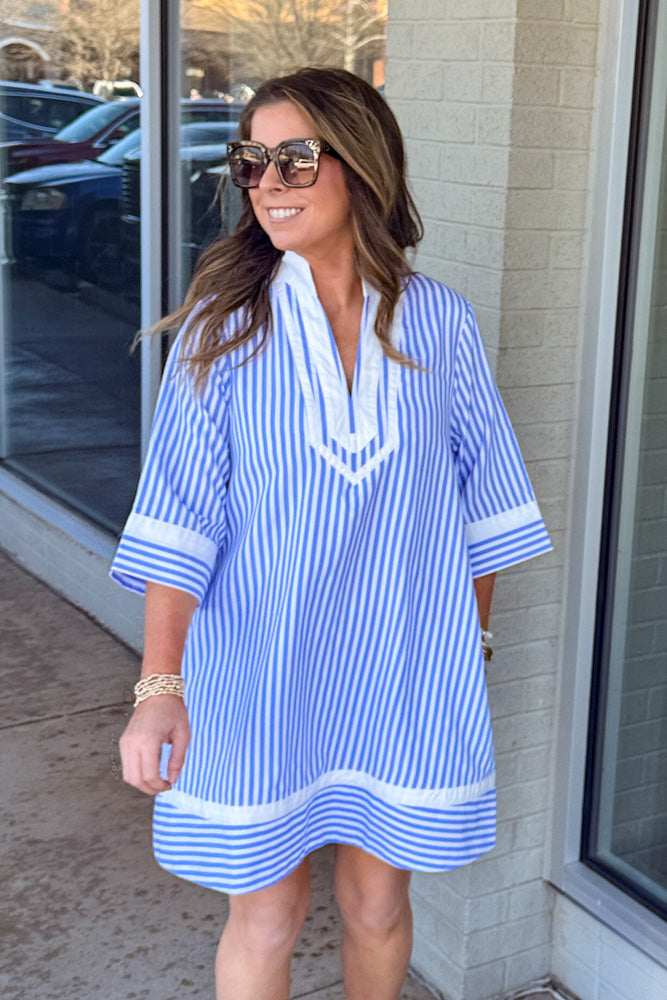 Entro Light Blue Striped Dress with White Collar Simply Dixie