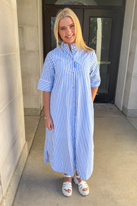 Entro Blue Striped High Neck Midi Dress Button Front