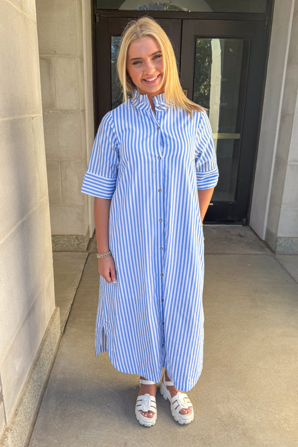 Entro Blue Striped High Neck Midi Dress Button Front