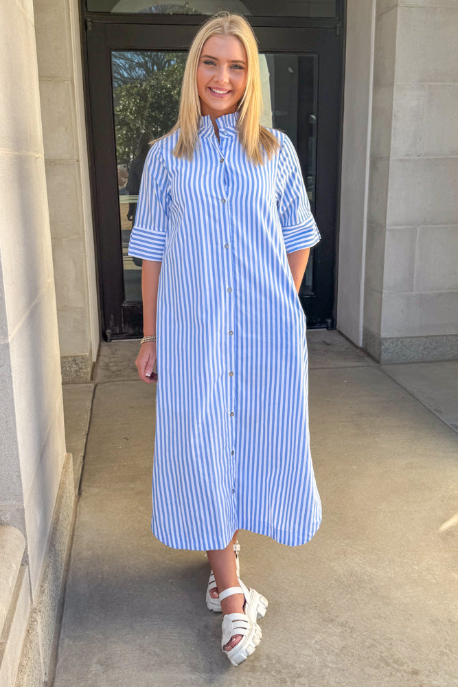 Entro Blue Striped High Neck Midi Dress