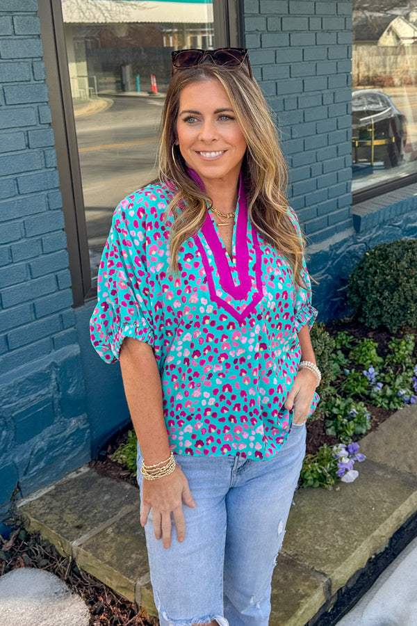 Entro Bright Animal Print Dolman Sleeve Top