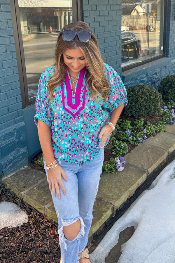 Entro Bright Animal Print Dolman Sleeve Top Teal