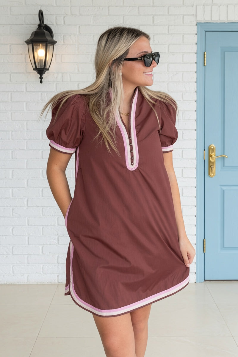 Entro Brown Puff Sleeve Dress Pink trim