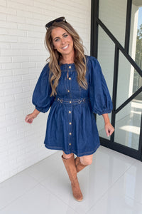 Dark denim horse bit cutie dress with puff sleeves front view
