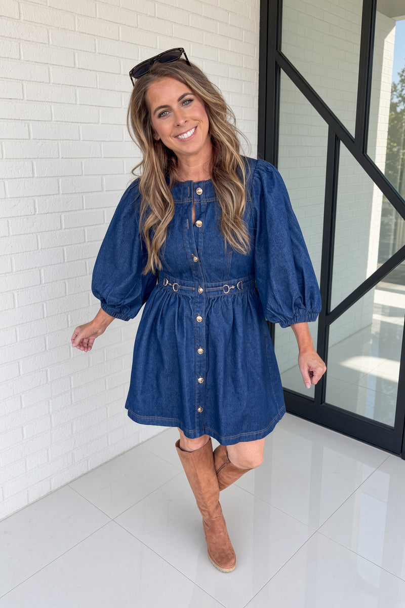 Dark denim horse bit cutie dress with puff sleeves front view