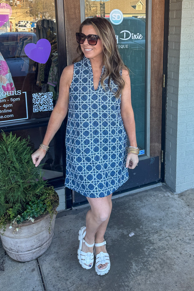 Entro Chambray Mini Dress with White Pattern-Simply Dixie Boutique