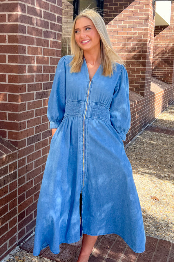 Entro Zipper Front Cinched Waist Denim Dress