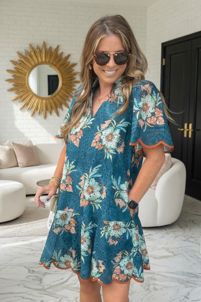 Entro Fall Floral Eyelet Dress Scallop Edge