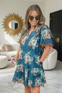 Entro Fall Floral Eyelet Dress Scallop Edge