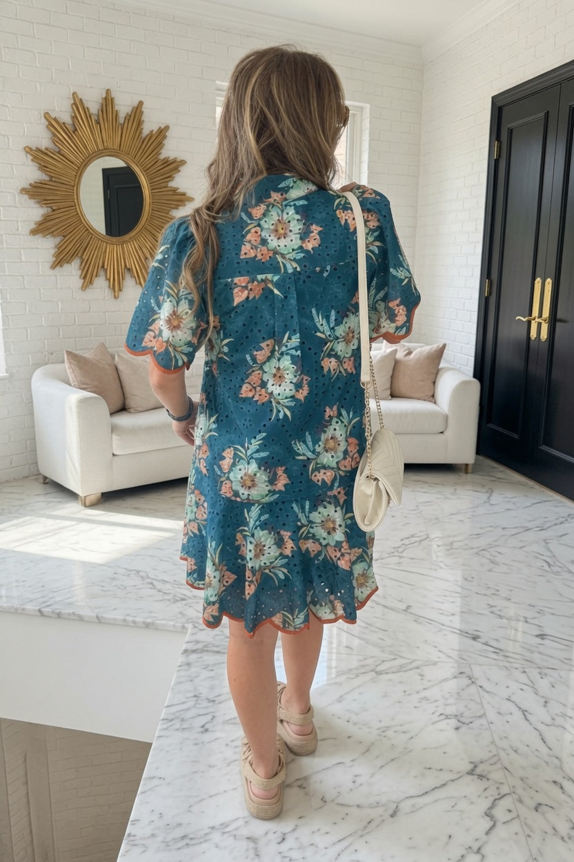 Entro Fall Floral Eyelet Dress Scallop Edge back