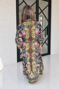 Back view of Entro fall patterned maxi dress