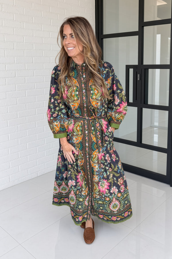 Entro fall floral maxi dress front view with button front