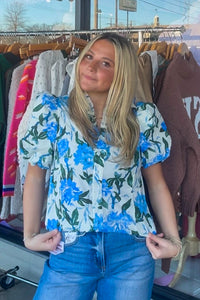 entro white puff sleeve top with blue flowers Simply Dixie