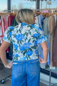 entro white puff sleeve top with blue flowers back