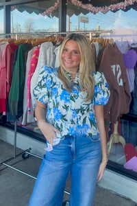 entro white puff sleeve top with blue flowers