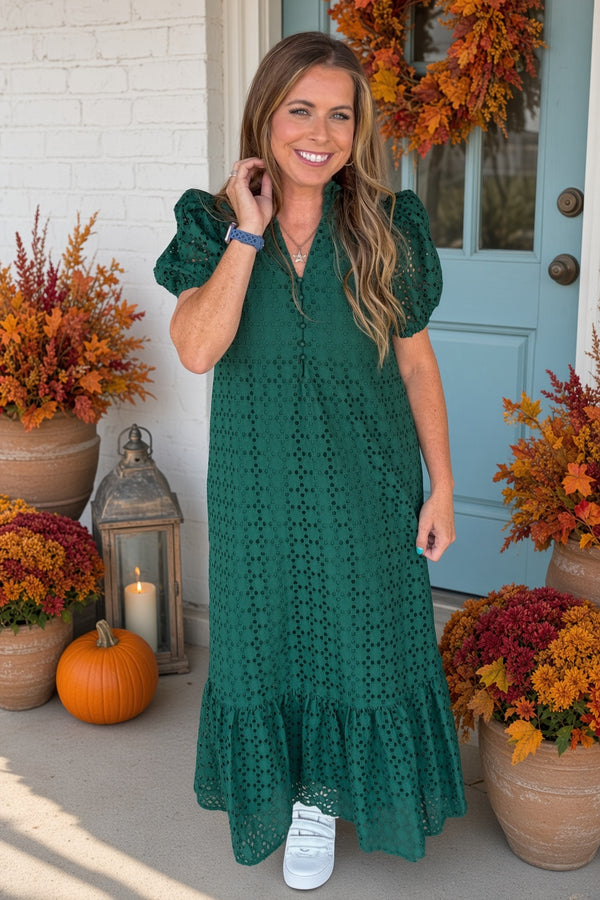 Entro Forest Green Eyelet Dress
