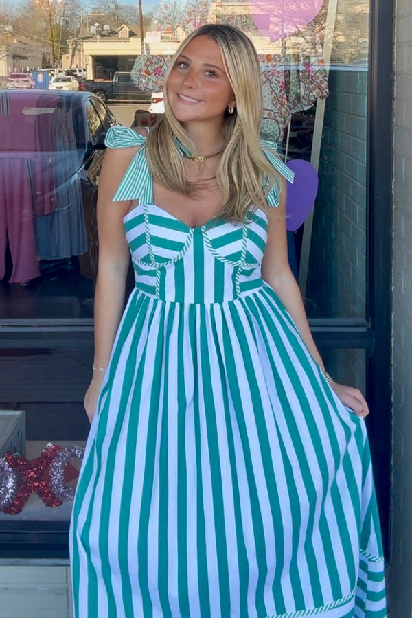 Entro Green Striped Midi Dress with Bow Ties