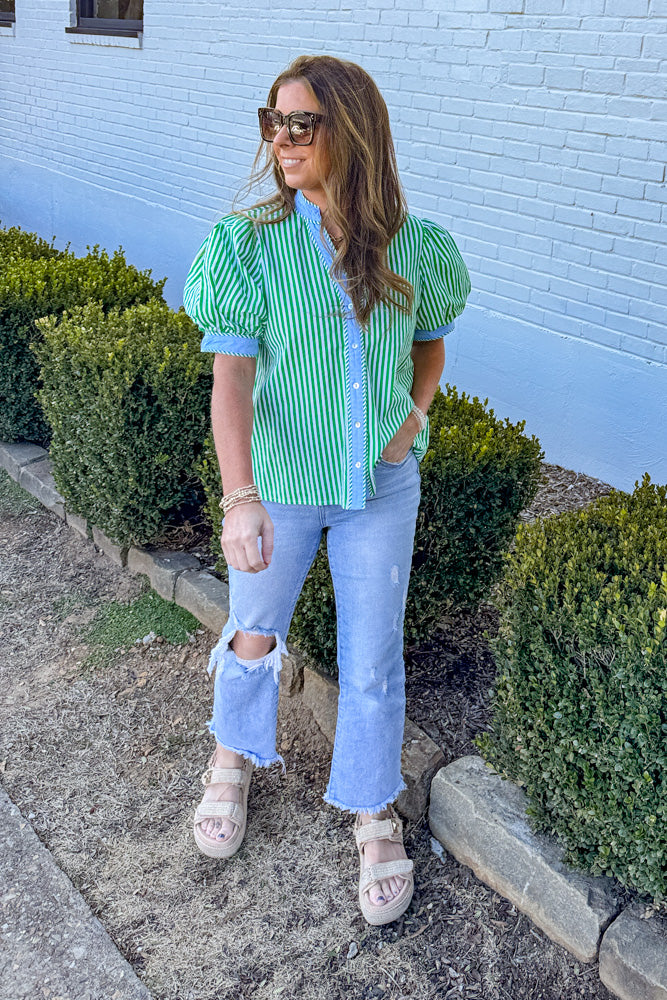 Entro Green Striped Top with Blue Trim