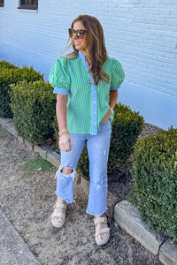 Entro Green Striped Top with Blue Trim