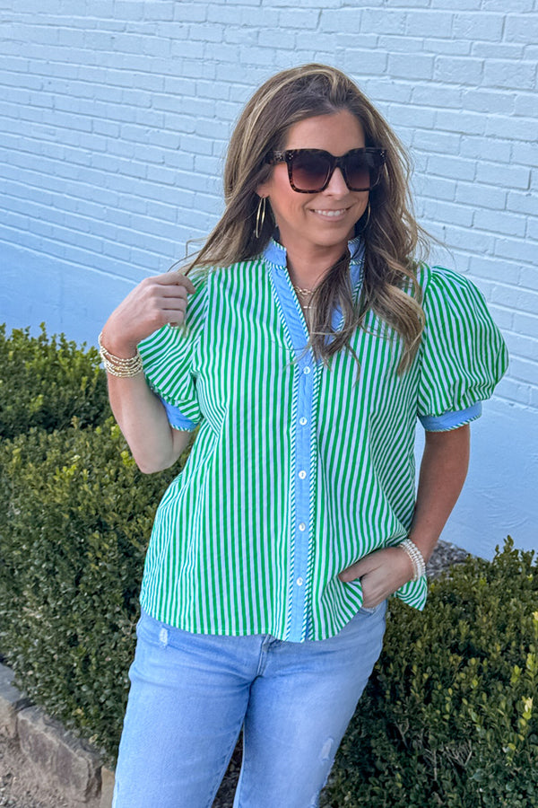 Entro Green Striped Top with Blue Trim | Simply Dixie
