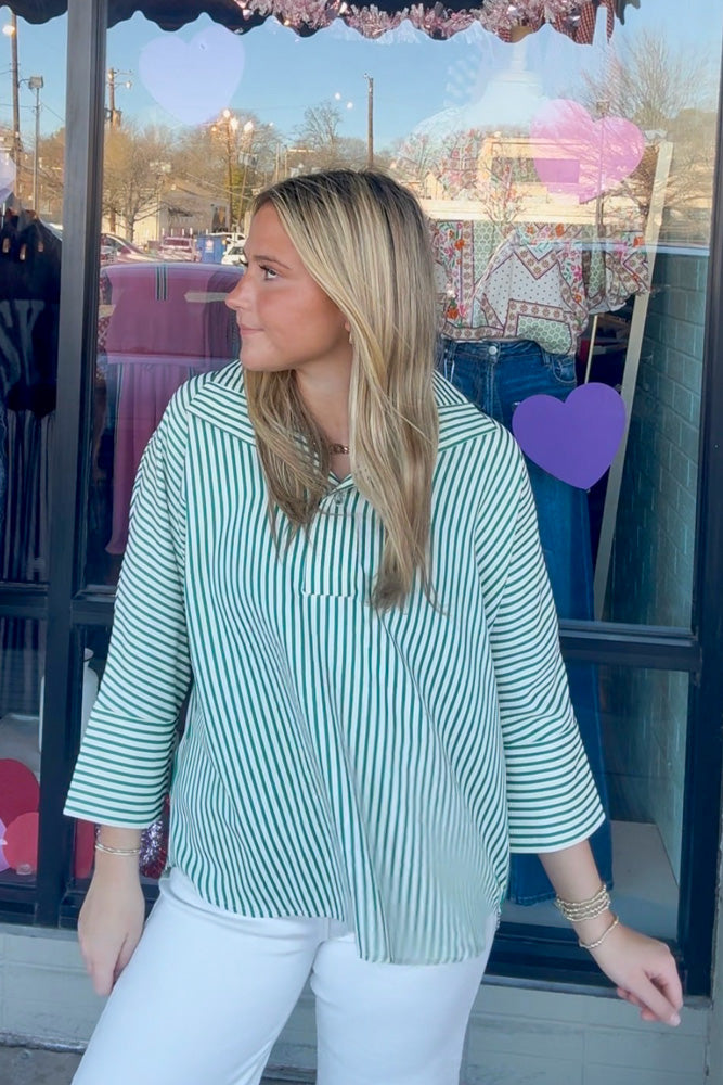 Entro Green Striped Blouse | Simply Dixie