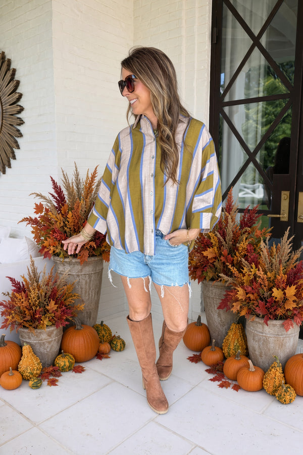 Entro Green and Tan Vertical Striped Button Down Top