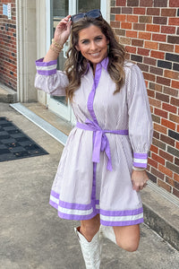 Entro Clothing Lavender Striped Tie Waist Dress | Little Rock Boutique