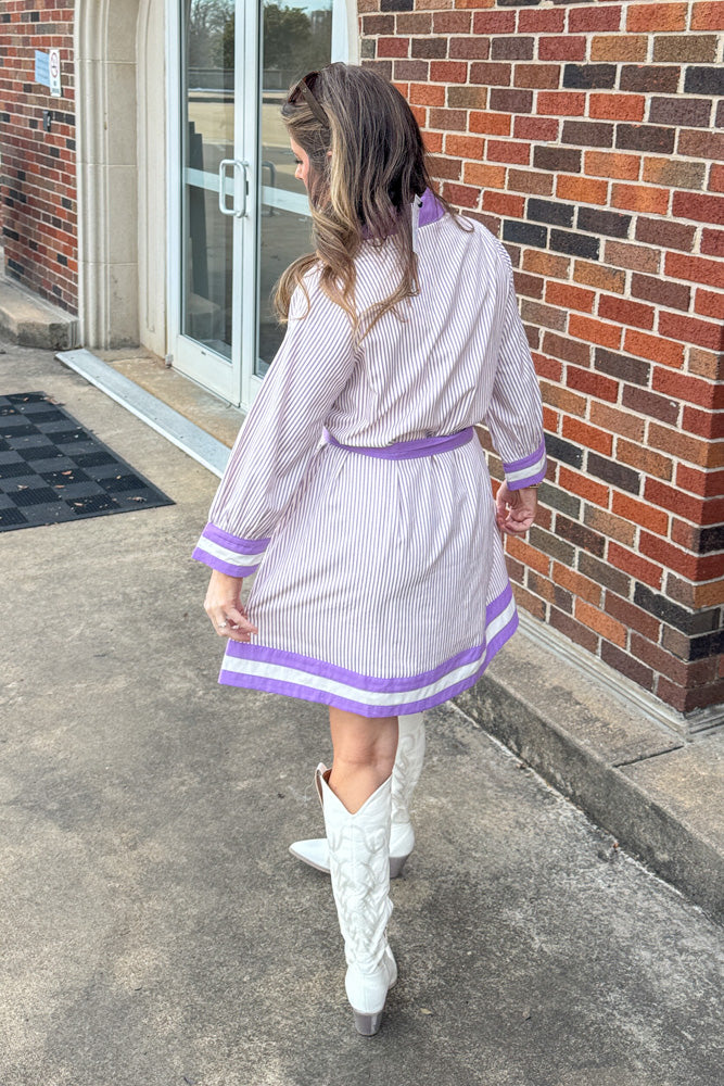 Entro Clothing Lavender Striped Tie Waist Dress Back