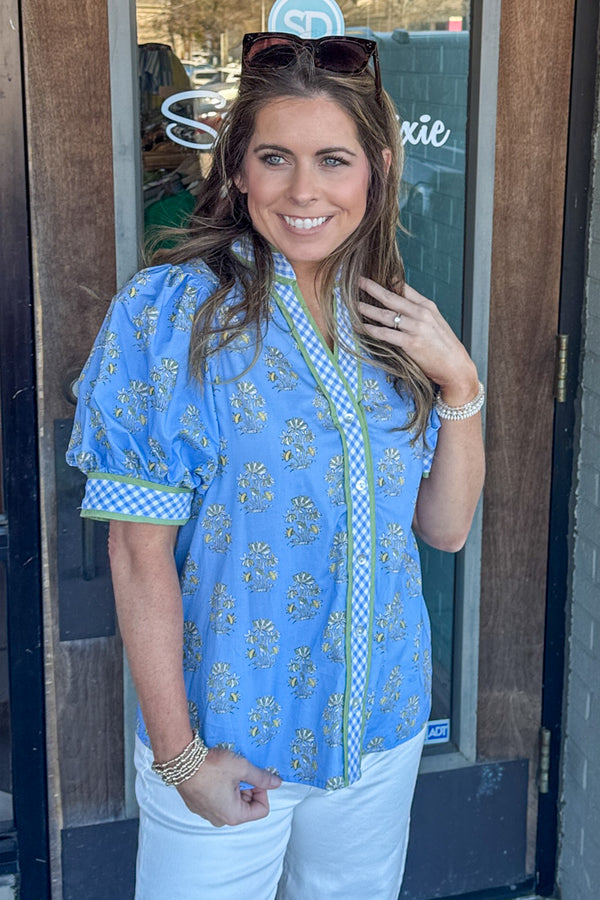 Entro Blue Floral Puff Sleeve Top With Checkered Trim