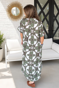 Entro Olive Green and Brown Geometric Maxi Dress Back