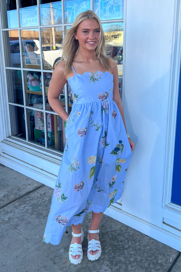 Entro Blue Floral Scallop Edge Midi Dress