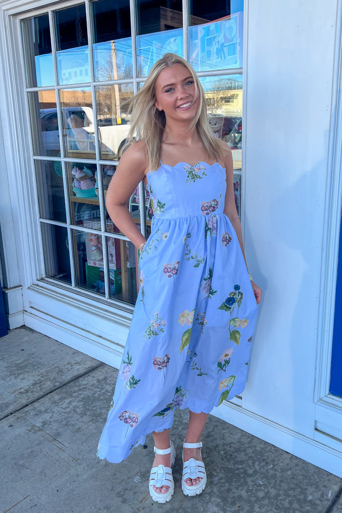 Entro Blue Floral Spaghetti Strap Dress with Tie Back & Scalloped Edges Medium