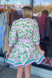 Pink and Green Entro Floral Belted Dress Back