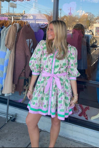 Pink and Green Entro Floral Belted Dress